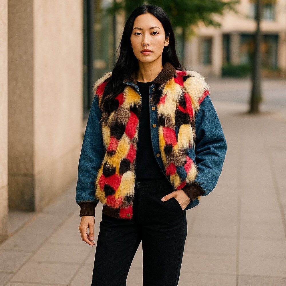 GUESS Faux Fur Bomber Jacket Women's Multi-color Faux-Fur & Denim Zip Front